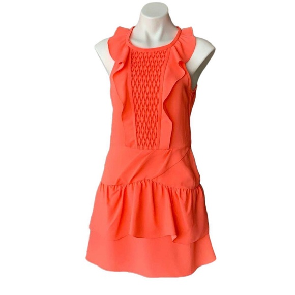 Maje Sleeveless Ruffle Trim Coral Mini Dress Size 2 - Picture 2 of 16